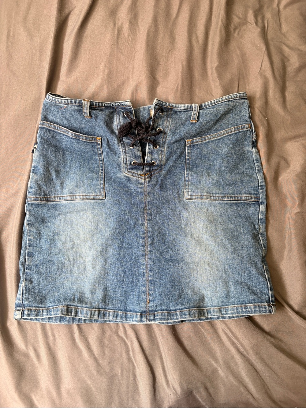 Lace-Up Front Denim Mini Skirt - Blue